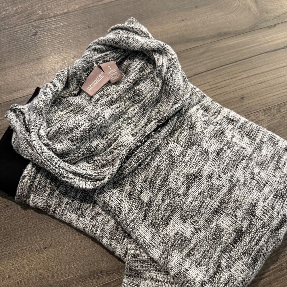 Chicos Cowl Neck Sweater Tunic Marled Grey Basketweave Layered Hem Size 1 Med